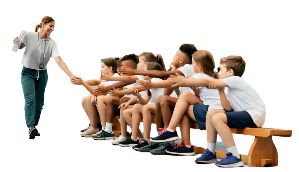 Niña entrenadora motivando a niños en una sesión de entrenamiento deportivo infantil en un parque al aire libre.