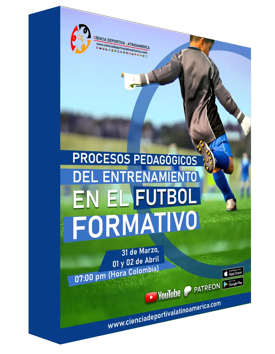 Entrenador de fútbol sudamericano en campo de entrenamiento, promocionando proceso pedagógico y formativo en fútbol, con detalles de fechas, horarios y plataformas digitales en diseño colorido.
