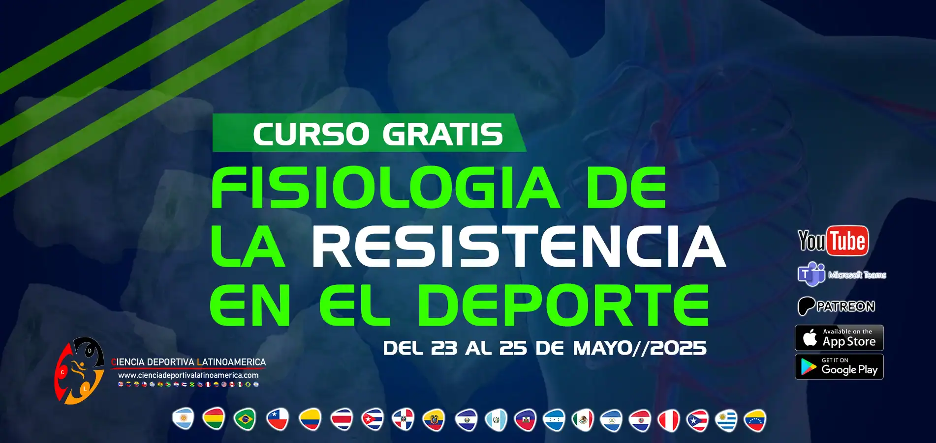 Curso gratuito de fisiología de la resistencia en el deporte, evento del 23 al 25 de mayo de 2025, organizado por Ciencia Deportiva Latinoamérica, con presencia de múltiples países de Sudamérica y herramientas digitales.