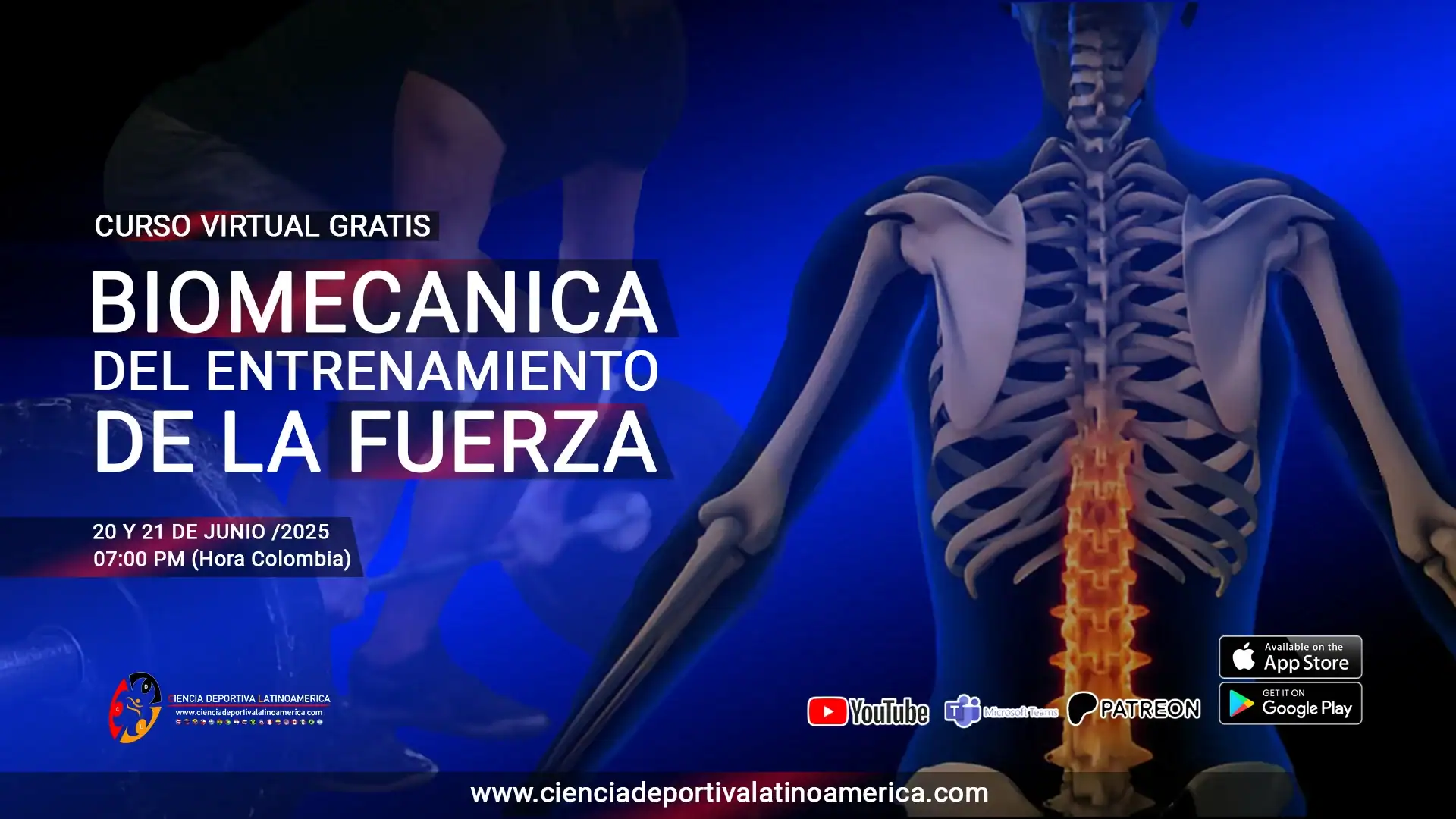 Entrenamiento de biomecánica de la fuerza en deporte, ilustración del esqueleto humano con enfoque en la columna vertebral, promoviendo curso virtual gratuito en ciencias del deporte.