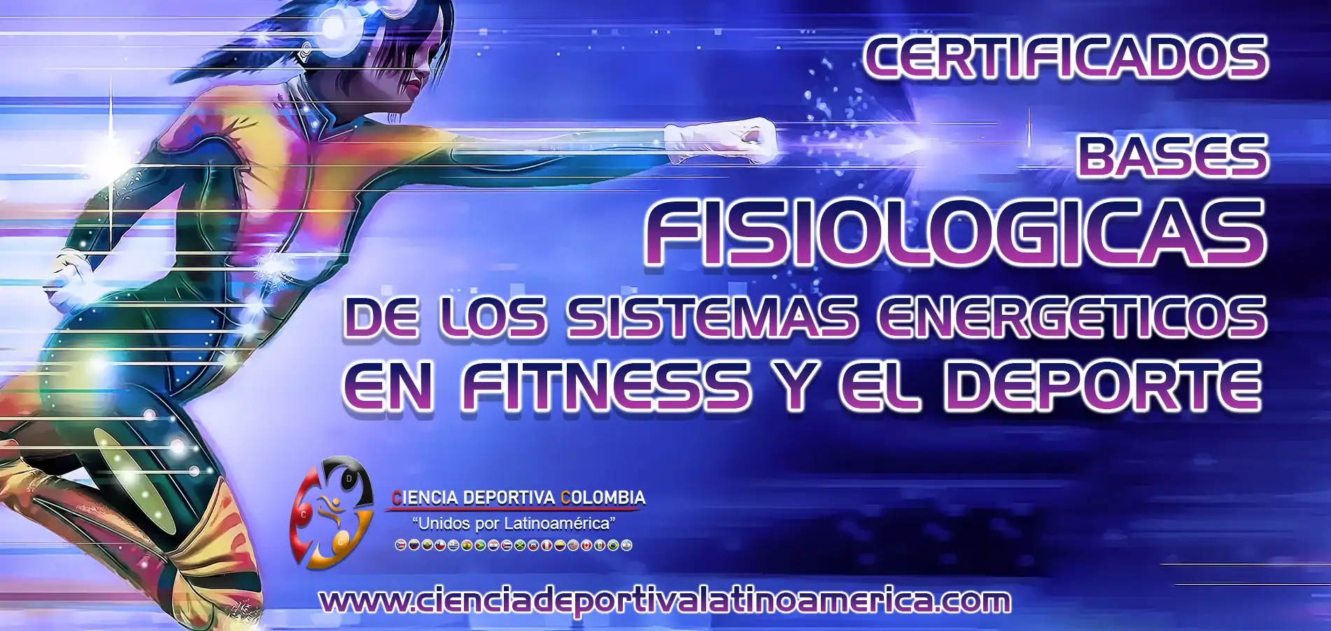Sistema energético y fisiológico en deportistas, con enfoque en ciencia deportiva y entrenamiento físico. Imagen futurista de una atleta en movimiento, promoviendo certificaciones y conocimientos en ciencias del deporte.