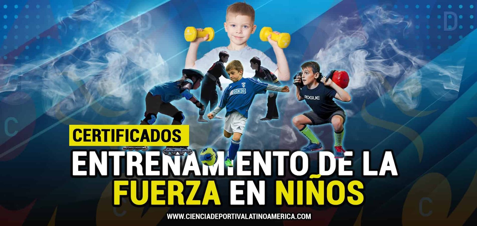 Entrenamiento en fuerza para niños con diferentes deportes, niños practican fútbol, rugby y levantamiento de pesas en un entorno deportivo con efectos dinámicos y energéticos.