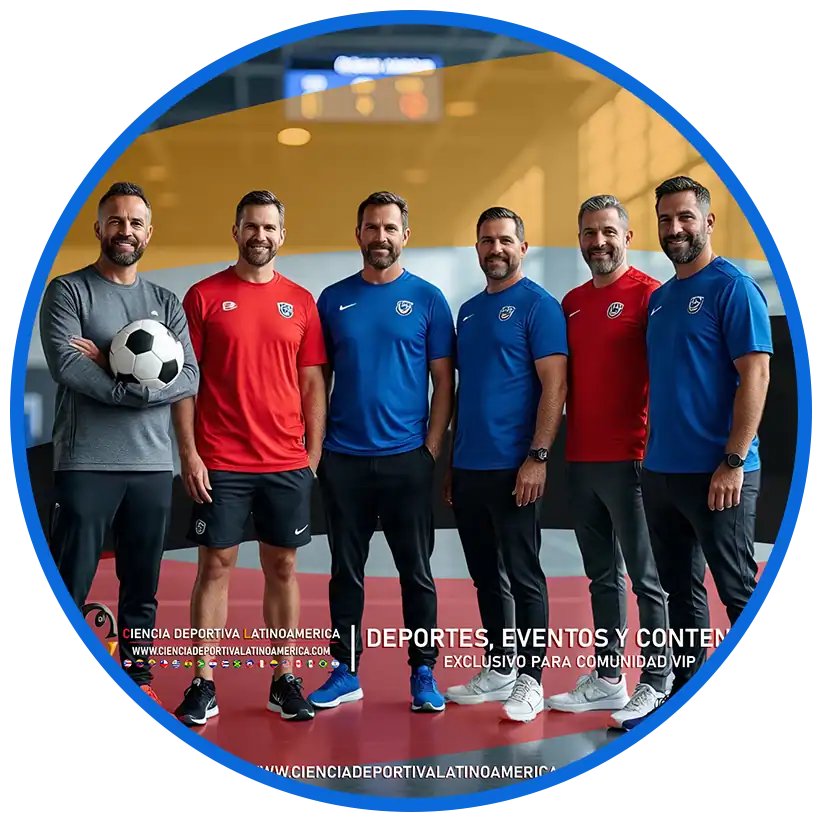 Entrenador de fútbol con un grupo de deportistas en un estadio, todos con ropa deportiva y sonriendo.