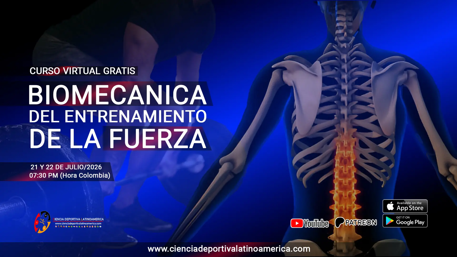 Entrenamiento de biomecánica de la fuerza en deporte, ilustración del esqueleto humano con enfoque en la columna vertebral, promoviendo curso virtual gratuito en ciencias del deporte.